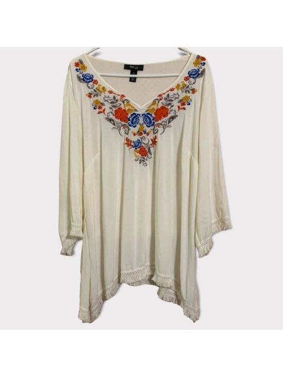 Style & Co. Tops - Style & Co Boho Embroidered Fringe Top